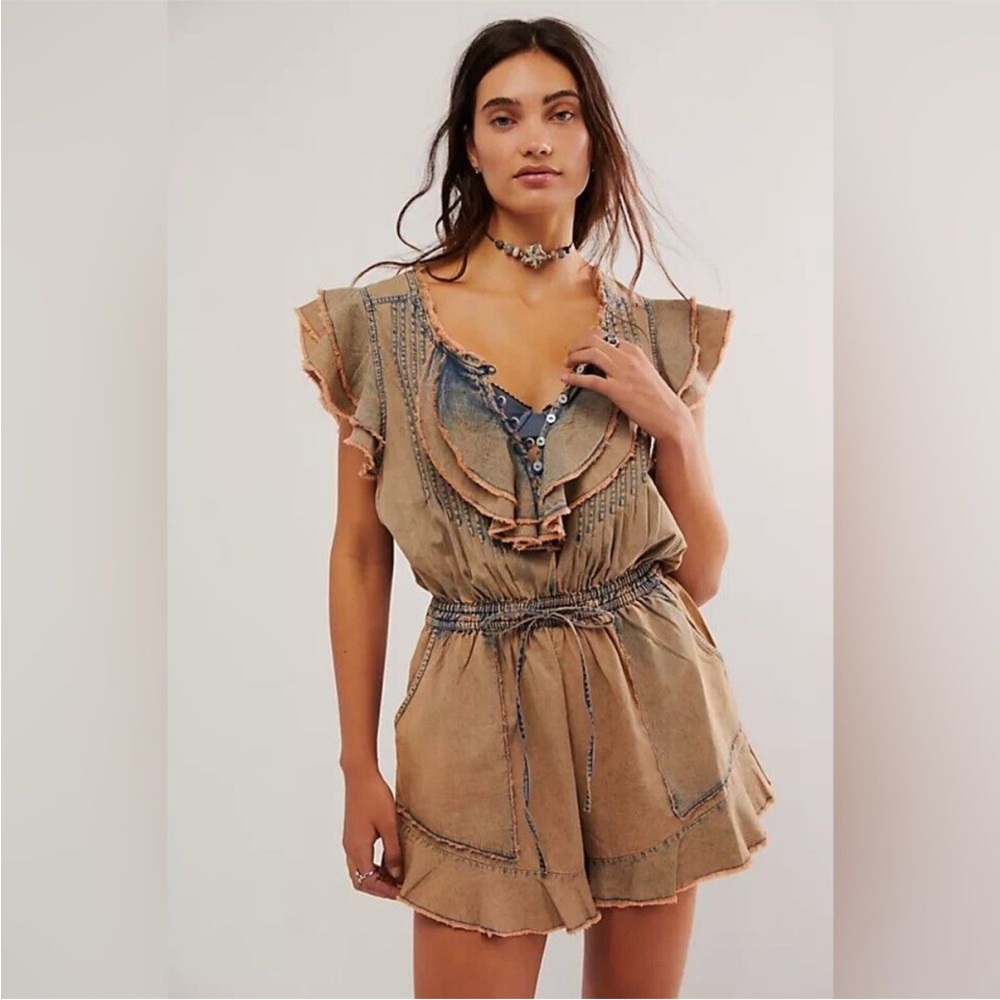 Free People Gray and Orange Ruffle Jumpsuit